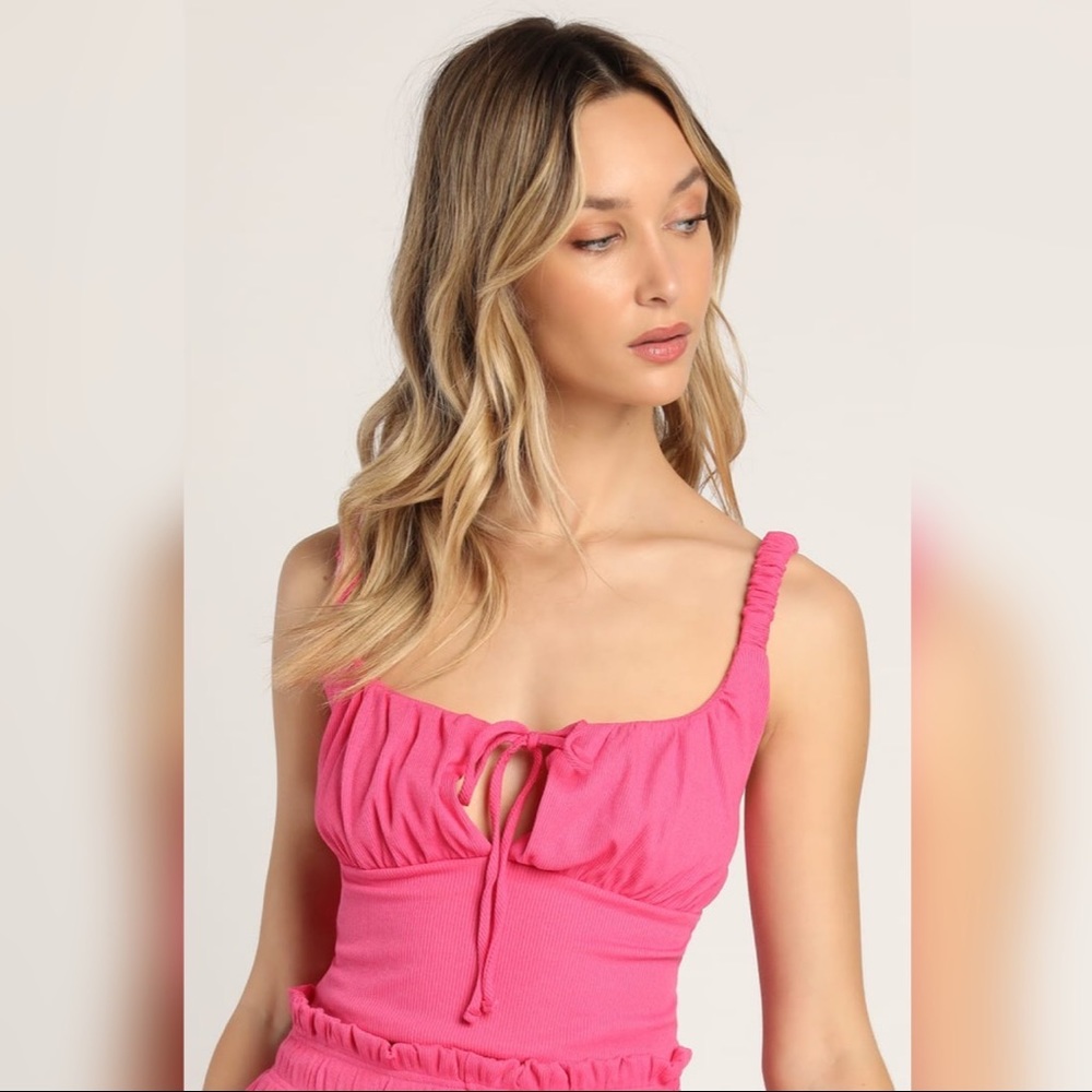 Day to Unwind Hot Pink Ribbed Tie-Front Cropped Tank Top
